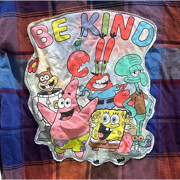 Sponge Bob Square Pants Plaid Flannel Button Down Shirt Kids XL Unique Be Kind - Picture 2 of 5